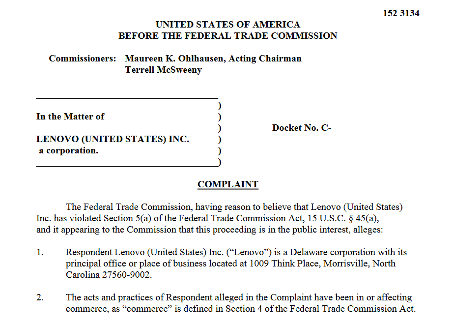 Federal Trade Commission ftc lenovo